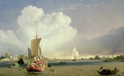 在1852年加尔各答下面的花园河岸的Hoogly河上 作者 CJ马丁
