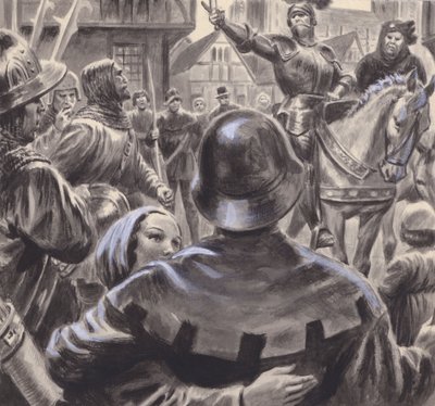 争吵不休的贵族们从 1453 年百年战争结束后涌入英格兰的失业退役军人中招募军队（水粉画，纸本） 作者 CL 道蒂