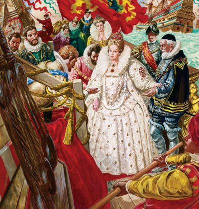 女王伊丽莎白一世（1530-1603 年）在沃尔特-雷利爵士（1554-1618 年）的帮助下登岸（水粉画，纸面） 作者 CL 道蒂