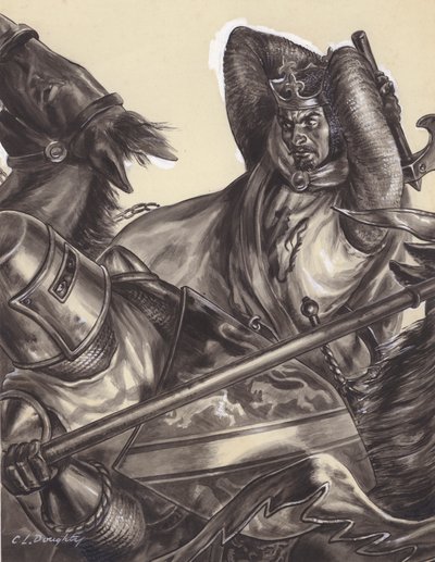 罗伯特-布鲁斯即将杀死亨利-德-博洪爵士（？）（纸面水粉画） 作者 CL 道蒂