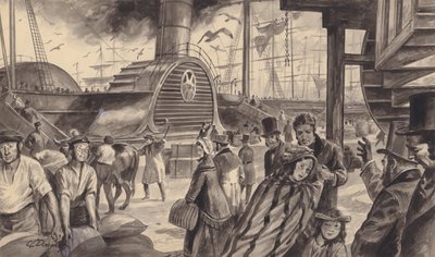 1840 年开始每两周一次前往美国的 Cunard 公司蒸汽船 "不列颠尼亚号"（纸面水粉画） 作者 CL 道蒂