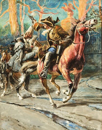 公路客的暴行》（纸本水粉画）威廉-佩吉每次抢劫得手后似乎都能振作起来--直到他的下一次大胆逃亡；他的成功因一次在大北路上的抢劫未遂而终止； 作者 CL 道蒂