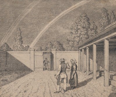 一对夫妇在马厩院子里交谈，头顶上有双彩虹，来自《线性视角》，1841年。 作者 克里斯托弗·威廉·埃克斯伯格