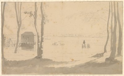 湖景，左侧是浴室，中间是给马匹喂水的骑手，前景是树林 作者 克里斯托弗·威廉·埃克斯伯格