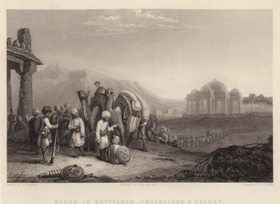 Kattiawar, Travellers and Escort 中的场景（版画） 作者 C.（之后）斯坦菲尔德