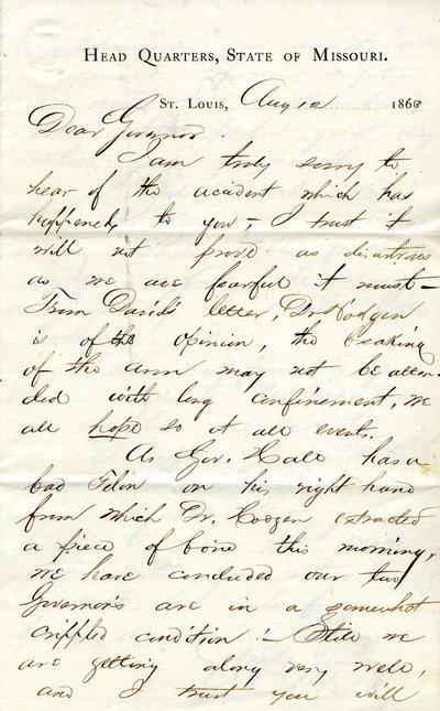 1863年8月12日密苏里州圣路易斯总部给州长[汉密尔顿-R-甘布尔]的信，署名C.C.贝利。 作者 C. C. Bailey