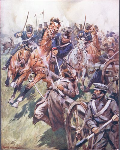 哥萨克和俄罗斯人被马刀击中而晕眩，插图来自《名战之歌》，约 1900 年（彩色平版印刷） 作者 C·达德利·坦南特