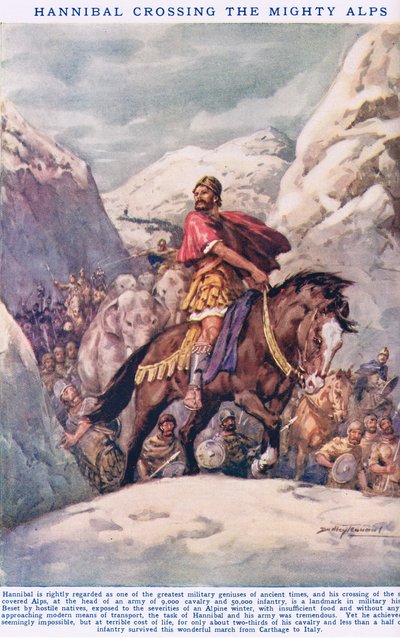 汉尼拔穿越雄伟的阿尔卑斯山，插图来自“纽恩斯知识图画书”（彩色平版印刷） 作者 C. Dudley Tennant
