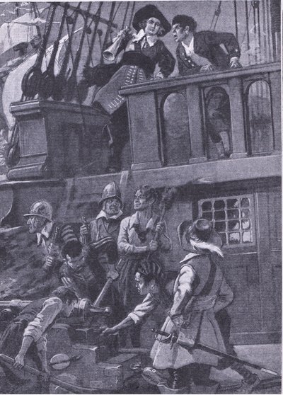 布雷克将军是如何进行海战的，插图选自《卡塞尔名人传》，约 1940 年（平版）。 作者 C·达德利·坦南特
