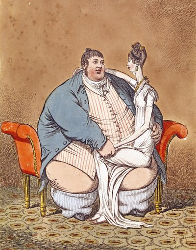 胖和精益 - 丹尼尔兰伯特与1806年坐在膝盖上的瘦弱女人形成鲜明对比 作者 威廉姆斯