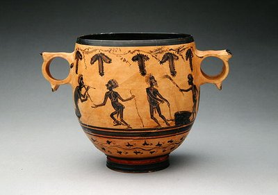 带有模仿场景的Skyphos，约公元前430-410年（陶瓷）（另见288251）。 作者 卡比里安