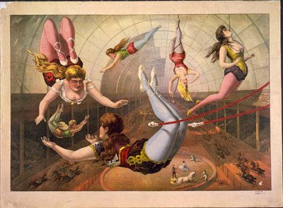 杂技演员在马戏团的梯形上，c。 1890年 作者 卡尔弗特石版画。公司