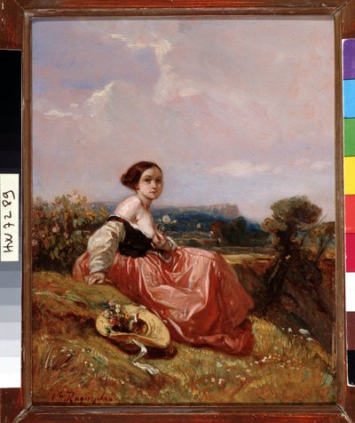 卡米尔·罗克普兰（Camille Roqueplan，1803-1855）在圣山维克多瓦绘画前戴帽子的年轻女孩。 18x23 厘米 强制提及：收藏基金会致敬普罗旺斯、马赛 作者 卡米尔·约瑟夫·艾蒂安·罗克普兰