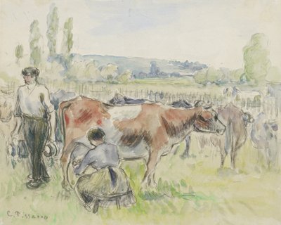 1884年Eragny-sur-Epte挤奶场的成分研究（黑色粉笔上的水彩画） 作者 卡米尔·雅各布·毕沙罗