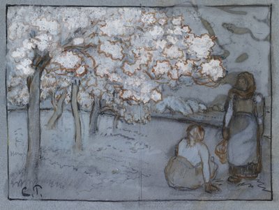 两个女农民在果园交谈的构成研究，c。 1894年（红棕色和印度油墨在炭纸上用蓝色纸上的体色增强） 作者 卡米尔·雅各布·毕沙罗