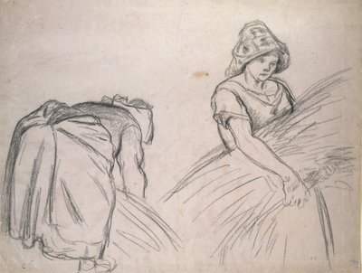两个女性收割机的研究，1882年（粉红色纸上的黑色粉笔与白色） 作者 卡米尔·雅各布·毕沙罗