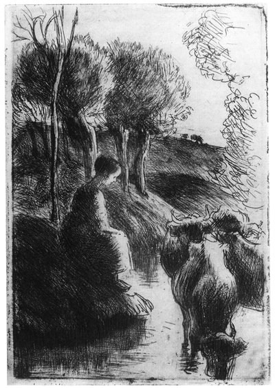 Vachere au Bord de Leau，水旁的牛郎，c1850-1900 1924年 作者 卡米尔·雅各布·毕沙罗