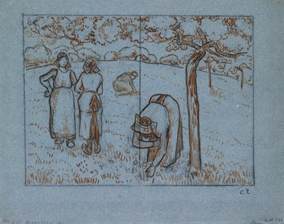 四个在果园工作的女农民的构图研究 "春天"，约1894年 作者 卡米尔·毕沙罗