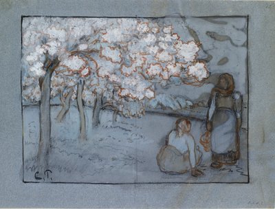 两个女农民在果园里交谈的构图研究，约1894年 作者 卡米尔·毕沙罗