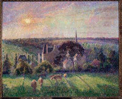 埃拉格尼的风景、教堂和农场 绘画 Camille Pissarro (1830-1903) 1895 年 0,6x0,73 m 巴黎，奥赛博物馆 - Eragny、教堂和农场的景观。 卡米尔·毕沙罗 (Camille Pissarro) 的绘画 (1830-1903) 作者 Camille Jacob Pissarro