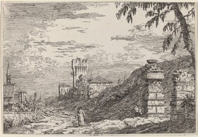 有塔和两根废旧柱子的风景，约1735-1746。 作者 Canaletto