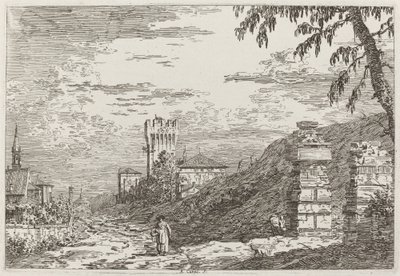 有塔和两根废旧柱子的风景[左]，约1735-1746。 作者 卡纳莱托