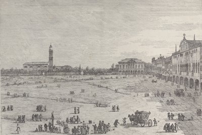 Prà della Valle：帕多瓦的Prà della Valle广场的右半部分，以及Col...，1735-46。 作者 卡纳莱托