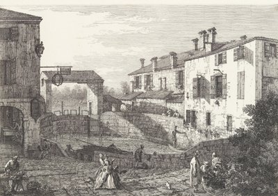 多洛的水闸，一个椭圆形的盆地，中间有船，两边有建筑，......，1735-46。 作者 卡纳莱托