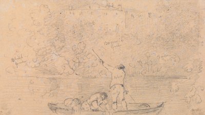 两个人在船上的素描和岸边的房子 作者 船长托马斯黑斯廷斯