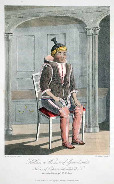 Kallie，格陵兰岛的女人，Oppernivick的土着人，来自&39;发现之旅......&39;的插图，1819年（手工彩色雕刻） 作者 霍普纳船长
