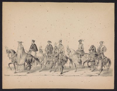 乌特勒支学生的化妆舞会，1846 年（图版 16）
1846 年 6 月 17 日，乌特勒支学生殿下举行的化装舞会的插图，表现的是 1549 年 10 月 3 日西班牙王子菲利浦二世在乌特勒支的巡游。 作者 月经和最后