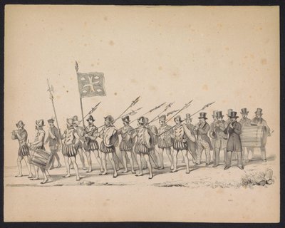乌特勒支学生化妆舞会，1846 年（图版 22）
描绘 1549 年 10 月 3 日西班牙王子菲利浦二世在乌特勒支的巡游的化装游行插图，1846 年 6 月 17 日由乌特勒支学生殿下举行。 作者 月经和最后