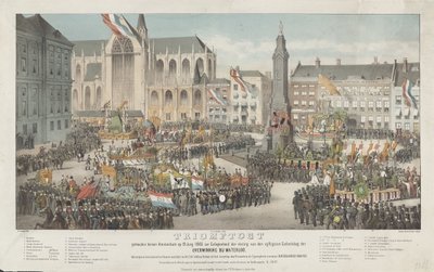 1865 年 6 月 19 日在阿姆斯特丹举行的凯旋游行，庆祝滑铁卢胜利五十周年纪念日（物品上的标题） 作者 大卫·范德凯伦