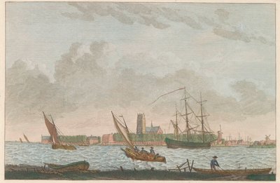 来自 Merwede 的多德雷赫特，约 1790 年 从 Merwe 看到的多德雷赫特 / La ville Dordrecht -prize du coté dela Riviere dite la Merwe（物体上的标题） 作者 卡雷尔·弗雷德里克·本多普 (I)