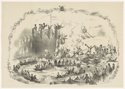 关于索贝克计划废除乌特勒支大学的漫画，1863 年
两个强大因素之间的斗争（标题见实物） 作者 无名氏