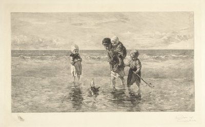 四个孩子在浅海沙滩上玩玩具船
海边的孩子 作者 约瑟夫·以色列