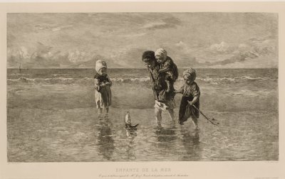 四个孩子在浅海沙滩上玩玩具船
大海的孩子
Enfants de la mer（标题见实物） 作者 弗兰斯·布法恩·佐南