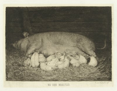 母猪和仔猪躺在马厩里 餐后（物体上的标题） 作者 卡雷尔·洛德维克·达克
