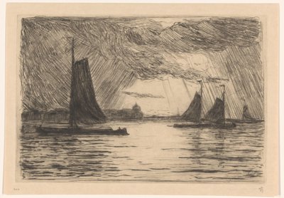 多德雷赫特附近马斯河的傍晚景色 作者 Carel Nicolaas Storm van 的 Gravesande （有艺术家签名）