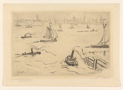 城市附近有船只的河流 作者 Carel Nicolaas Storm van 的 Gravesande （有艺术家签名）