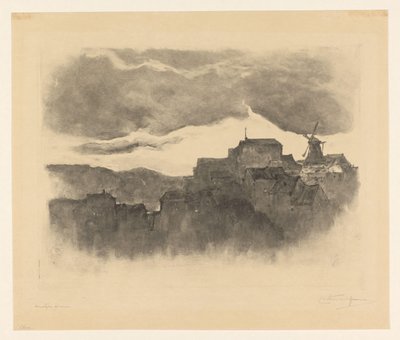 山上有磨坊的小镇 作者 Carel Nicolaas Storm van 的 Gravesande （有艺术家签名）