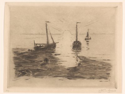 有帆船和夕阳的海景
夕阳 作者 Carel Nicolaas Storm van 的 Gravesande （有艺术家签名）
