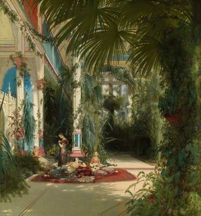 德语: Das Innere des Palmenhauses auf der Pfaueninsel bei Potsdam 波茨坦附近普法恩泽尔棕榈树屋的内部结构 作者 卡尔布莱臣