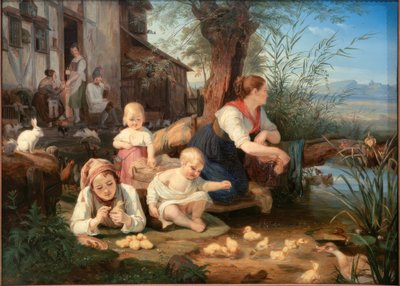 母亲和孩子们在村里的池塘边 作者 卡尔·恩格尔·冯·拉贝瑙