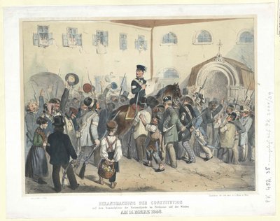 1848 年 3 月 15 日在维登自由之家（Freihaus）的国民自卫军集会场所发布的宪法公告（彩色石版画） 作者 卡尔·戈贝尔