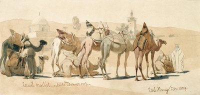 1859年大马士革以外的骆驼市场（铅笔和纸上洗） 作者 卡尔·哈格