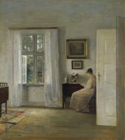 读者》，卡尔-霍尔索（1863-1935），-木板油画，70x62.5-私人收藏 作者 卡尔·霍尔索