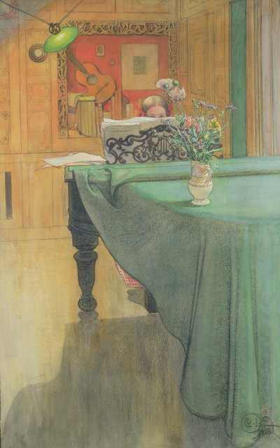 布里塔在钢琴上，1908年 作者 卡尔·拉森
