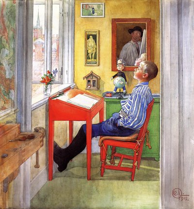 Esbjorn做他的家庭作业，1912年（wc，水粉和铅笔画在纸上） 作者 卡尔·拉森