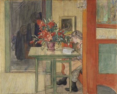 Lisbeth Reading（纸上有蛋彩画） 作者 卡尔·拉森